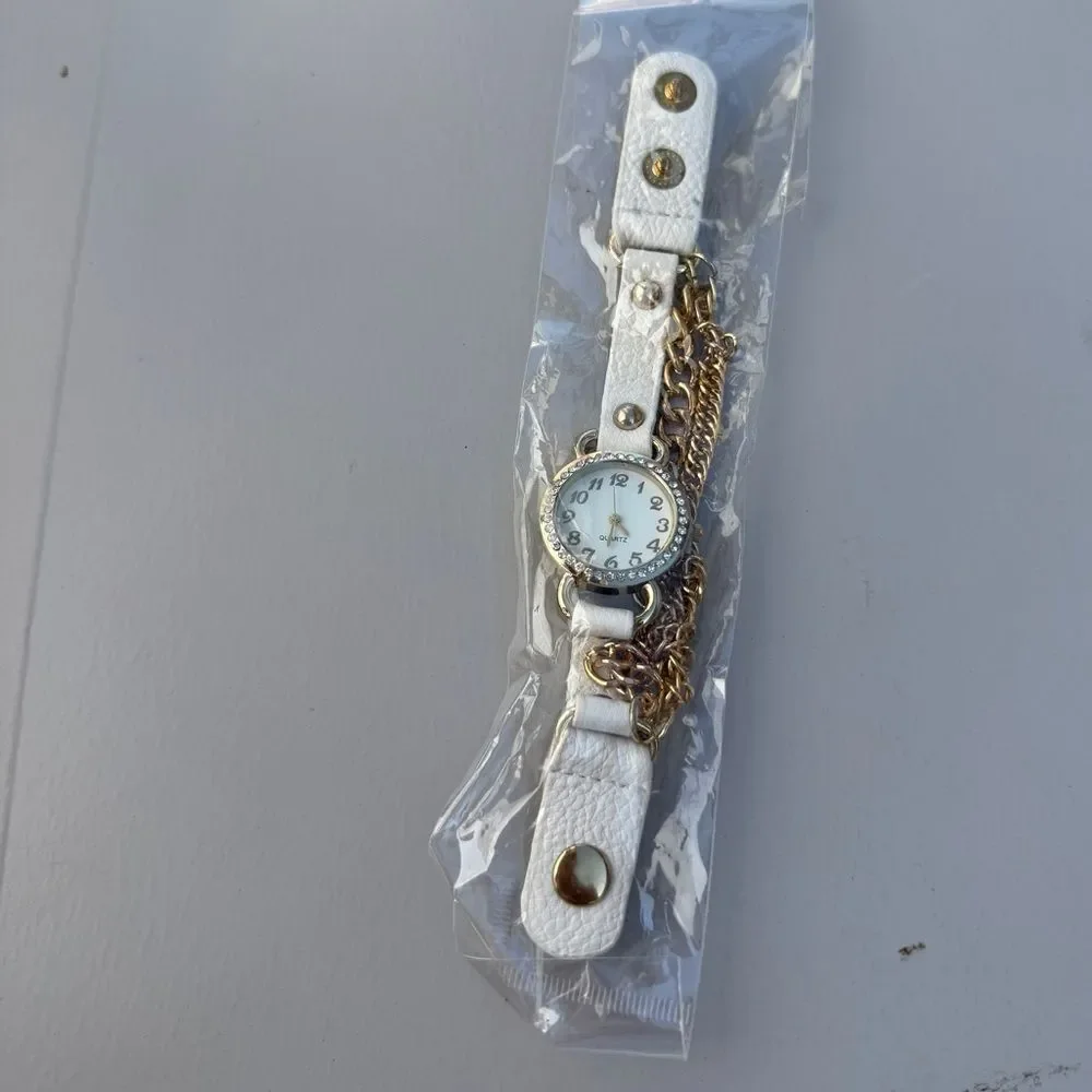 Gold White chunky Watch fashion accessory chains faux leather 90s y2k